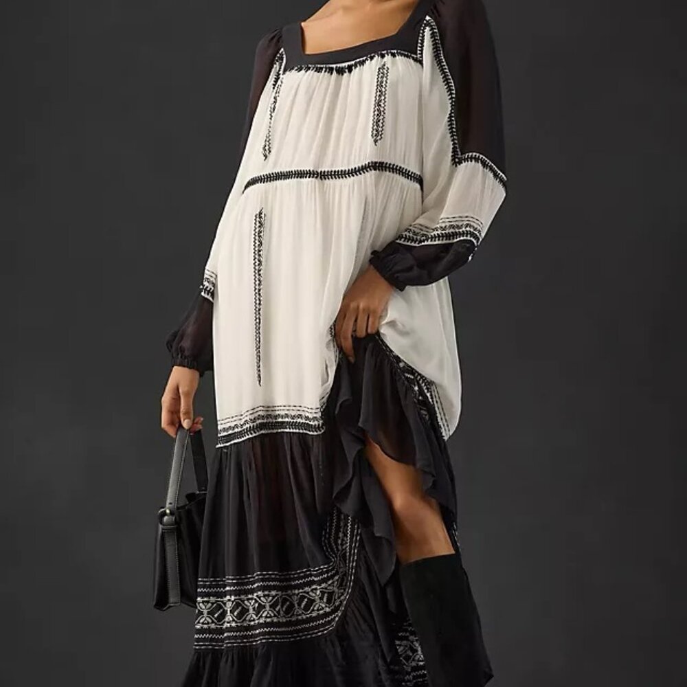 Anthropologie Long-Sleeve Embroidered Sheer Chiffon Black White Maxi Dress